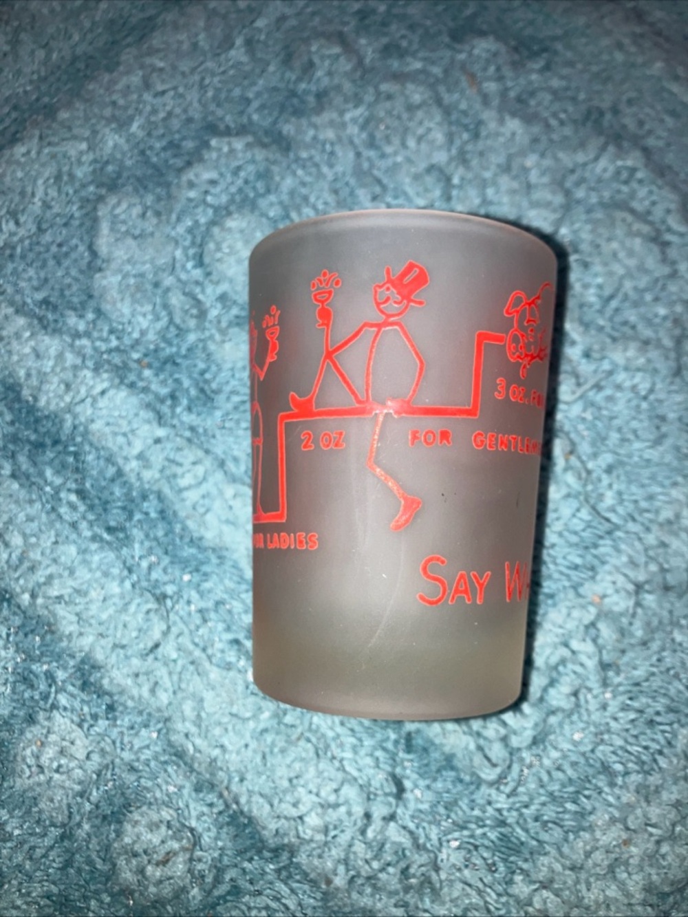Hazel Atlas Frosted Shot Glass with Red Printed Design